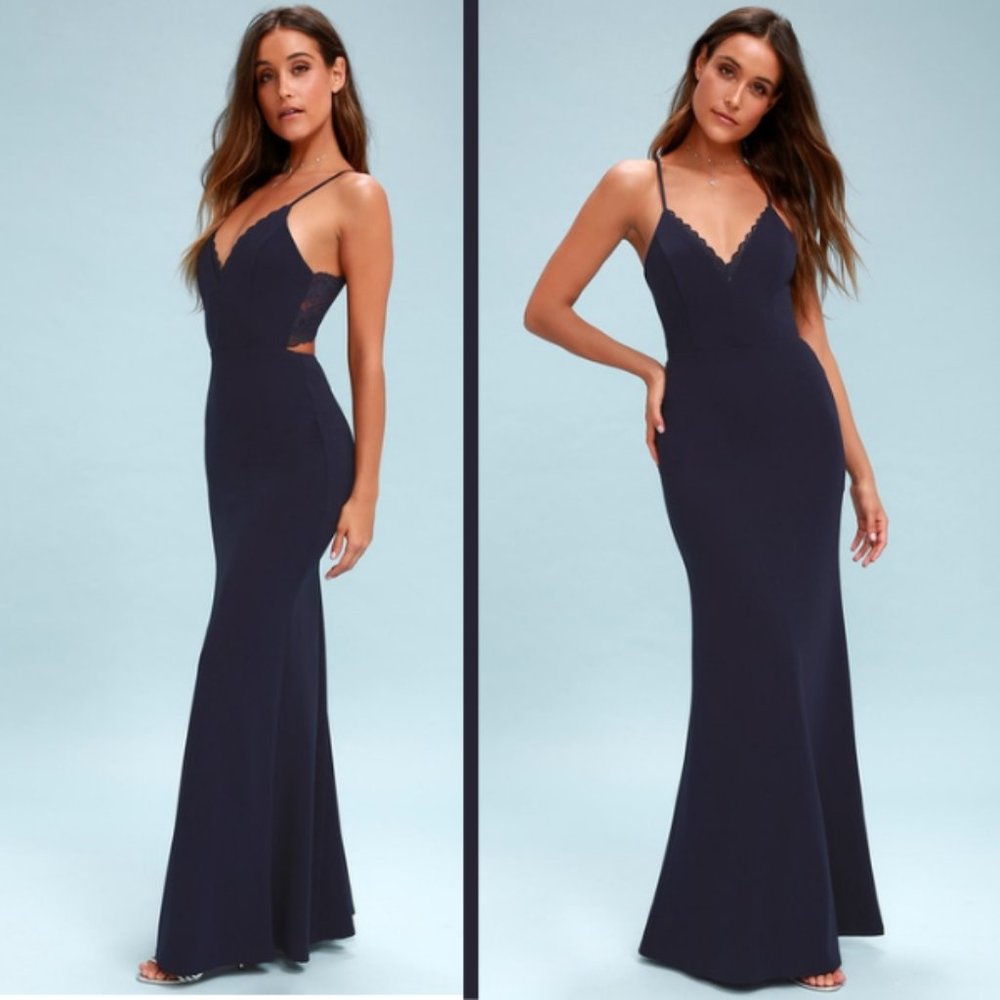 NWT Lulus Love Story Navy Backless Lace Maxi Dress